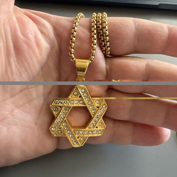 Stainless Steel Jewish Israel Star of David Necklace Bar Mitzvah Gold Zirconia - Picture 5 of 6
